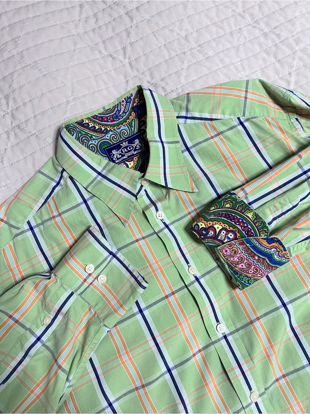 Robert Graham Men’s 2XL Green Plaid Button-Up Shirt with Paisley Trim *Flawed